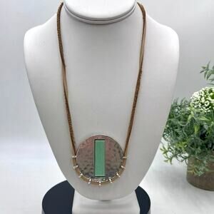 Lucky Brand Suede Silver Tone Hammered Round Pendant Mint Green Accent Necklace
